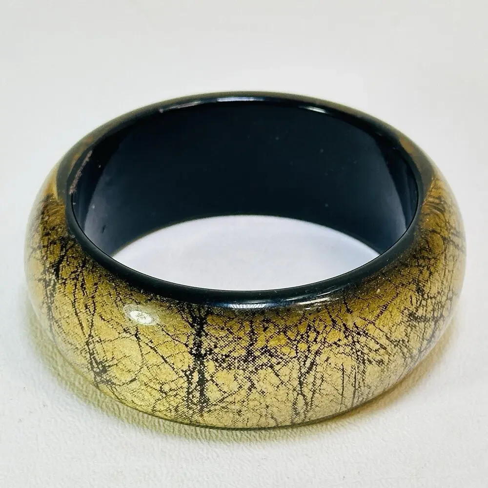 Vintage Lucite Black Gold Foil Bracelet Bangle Black Metallic Shiny Chunky Round